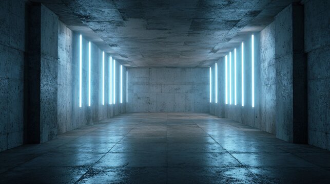Futuristic empty concrete corridor with blue neon lights and reflecting floor - Powered by Adobe
