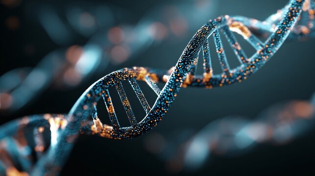 Close-up view of glowing DNA double helix structure in dark background
