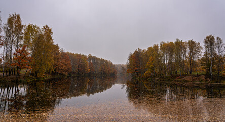 Autumn landscape with colorful trees reflected in calm lake on a misty day. Nature background for serenity and seasonal beauty.