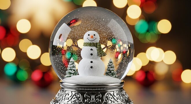 Snowman in a snow globe with christmas lights in the background creating a festive holiday scene perfect for winter celebrations and seasonal greetings cards - Powered by Adobe