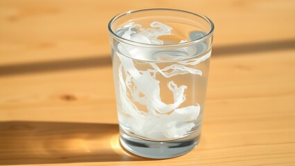 psyllium. A glass of water with psyllium husk fibers creating organic swirls, lit from the side on a wooden table. bar promotions, beverage menus, designed for product packaging and bar promotions.