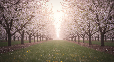 Naklejka premium Blossom Orchard in Spring trees row path grass nature landscape blooming white flowers