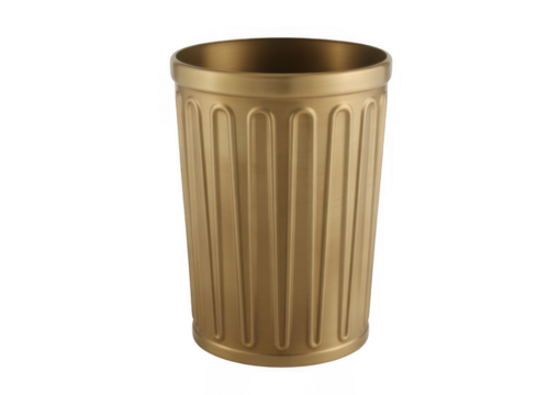Gold metal trash can with vertical ribbed texture isolated on a transparent background