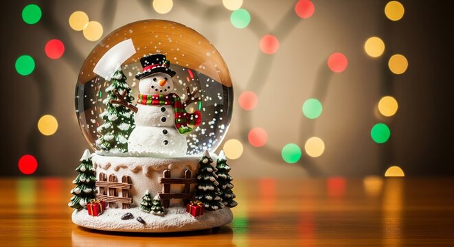 Festive snowman snow globe with christmas trees and presents on a wooden surface with bokeh lights creating a magical holiday atmosphere - Powered by Adobe