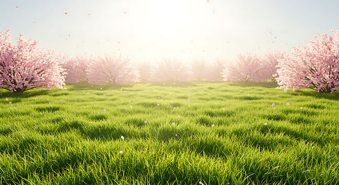 Blossom trees on green field cherry spring pink grass nature landscape outdoors