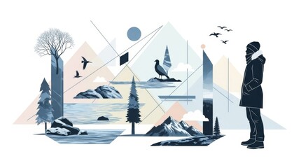 Man in winter coat observes abstract winter landscape with mountains, trees, birds, and water. Geometric style nature scene. For seasonal art.