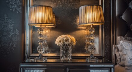 Two elegant lamps on a mirrored nightstand, illuminating a vase of flowers