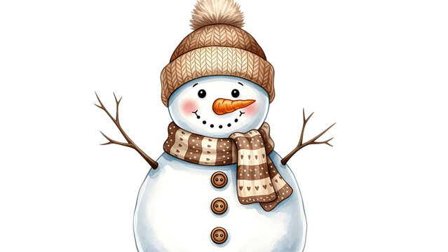 Cheerful snowman with a carrot nose wearing a hat and scarf on white background - Powered by Adobe