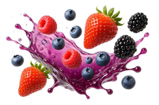 Fresh Berries Mix Splashing Juice Liquid Explosion on Transparent Background