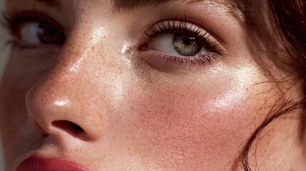 Obraz premium Close-up portrait of fresh dewy skin with natural makeup and green eyes