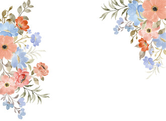 Orange Blue Floral Border Background With Watercolor