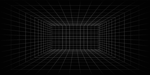 Naklejka premium Futuristic perspective grid box. Abstract wireframe with white grid line on black background. Virtual reality landscape in 80s 90s digital style. Vector