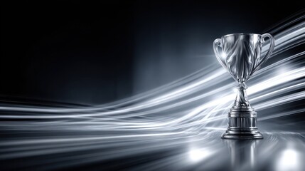 Silver trophy cup against stream of light concept for achievement