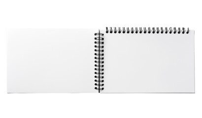 Open spiral bound notebook with blank white pages isolated on a transparent background