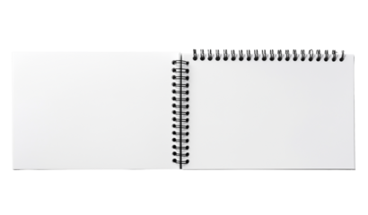 Open spiral bound notebook with blank white pages isolated on a transparent background