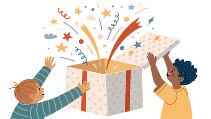 Excited children open a magical surprise gift box filled with stars and confetti for a birthday party