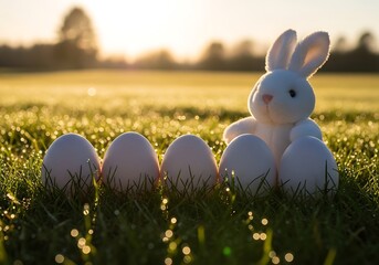 Pale pink Easter eggs and bunny in dewy grass at sunrise. Generative Ai