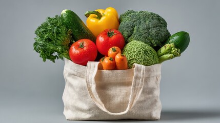 Fresh vegetables in reusable cotton bag, eco-friendly shopping, neutral background