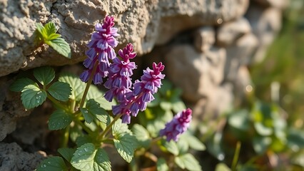 hyssop. Purple hyssop flowers growing from limestone cracks with morning dew. gardening catalogs, home-decor guides, designed for gardening and botanical catalogs.