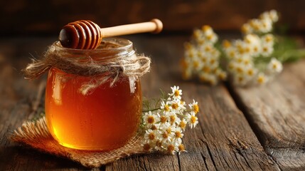 Glass jar of honey with dipper and wildflowers