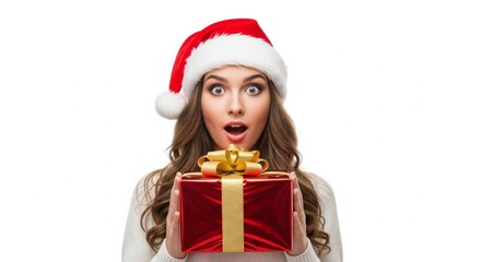 Surprised woman in santa hat holding a christmas gift with a shocked expression perfect for holiday promotions and festive marketing campaigns on white background