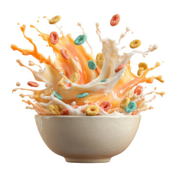 Fruit flavored cereal splash with milk and colorful rings creating lively motion and joy in morning breakfast bowl