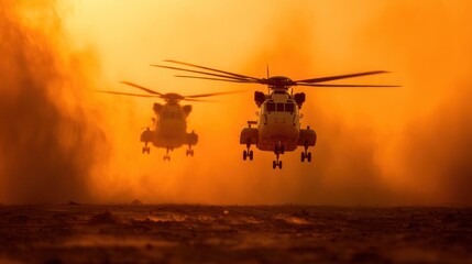 Two helicopters fly through atmospheric haze during sunset against a transparent background