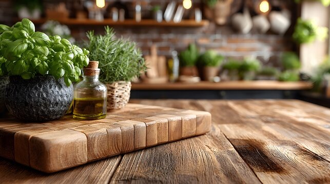 Empty wooden butcher block countertop sits before a blurred modern kitchen background with brick wall and herbs in a home cooking vibe.