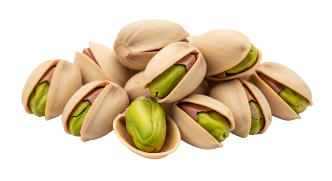 Fresh pistachios with shells open reveal vibrant green nuts, isolated on transparent background for food design and packaging.