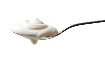 Spoonful of fresh white yogurt on a transparent background, ideal for food packaging, diet blogs, and culinary advertising visuals.