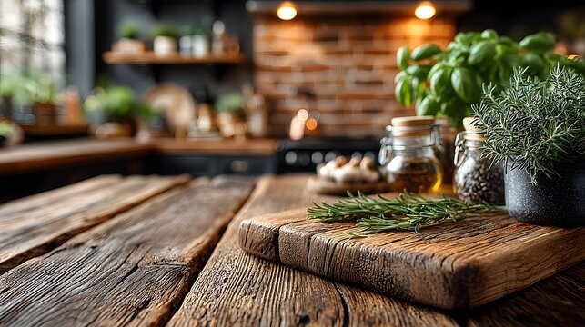 Empty wooden butcher block countertop sits before a blurred modern kitchen background with brick wall and herbs in a home cooking vibe.