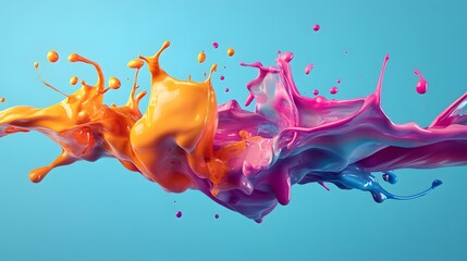 Vibrant orange and pink paint collide in mid air forming an abstract splash against a light blue backdrop.