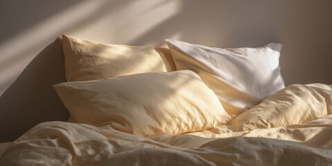 Soft, warm beige bedding in a sunlit bedroom