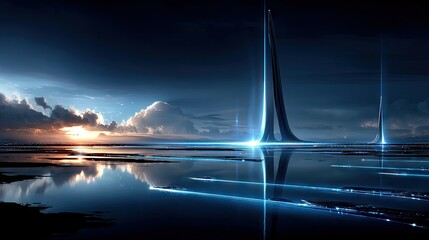 A surreal, futuristic cityscape with towering, sleek structures emitting bright blue neon lights. The scene is set at sunset with dramatic clouds and the warm g