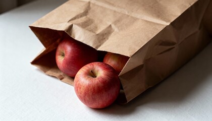 Open paper bag with apples inside on table in soft light, detailed still mood, photorealistic style