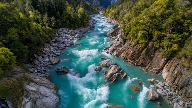 Breathtaking river landscape with turquoise waters and lush green forests in nature