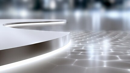 A futuristic, minimalist interior scene featuring a sleek, curved platform with integrated white LED lighting. The floor has a hexagonal pattern with glowing li