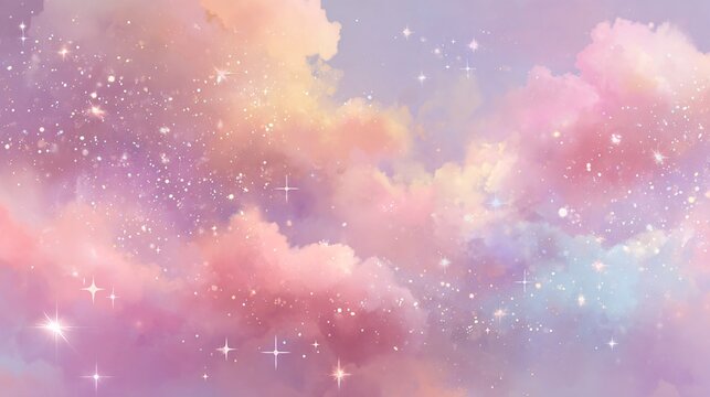 Dreamy pastel sky with fluffy clouds and sparkling stars at sunset