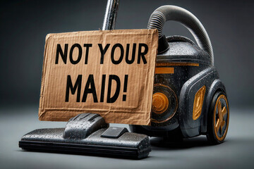 Humorous Cleaning Concept. Vacuum Cleaner With a Protest Sign - Not Your Maid. Perfect for housework humor, cleaning product ads, and social media engagement.