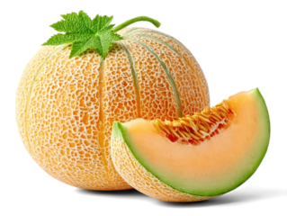 galia melon with slices and leaves