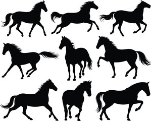 Horse silhouette collection featuring running, walking, and trotting poses, dynamic equine artwork set for design, wildlife illustration elements