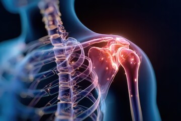 human shoulder joint and bones with inflammation. Pathology, articular pain, anatomy, osteology, rheumatism, medical and healthcare concept