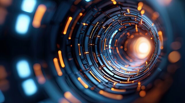 An abstract, futuristic tunnel interior with intricate metallic structures illuminated by glowing orange and blue lights, creating a sense of depth and motion.