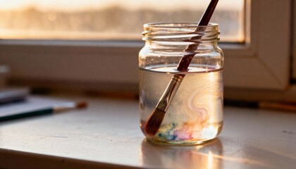 Paintbrush soaking in glass jar with soft natural light, calm creative mood, lifestyle photography