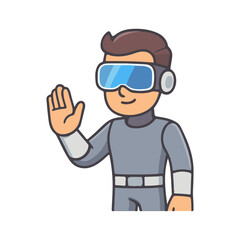 Futuristic VR man waving. Virtual reality character greeting. Sci-fi guy with headset gesture