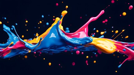 Bright colorful paint splashes with yellow, blue, and pink merge together on a dark, black background backdrop.