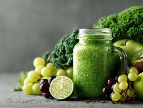 Glass jar mugs with green health smoothie, kale leaves, lime, apple, kiwi, grapes, banana, avocado, lettuce. Copy space. Raw, vegan, vegetarian, alkaline food concept - Powered by Adobe