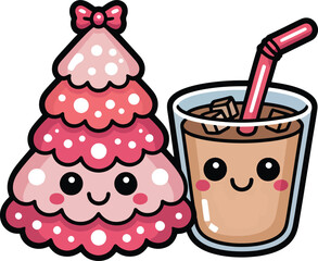 Kawaii Pink Christmas Tree and Iced Coffee – Cute Holiday Vector