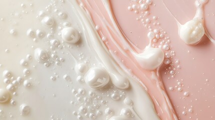 Abstract close up of cream, oil, and bubbles creating smooth swirls and textures on light pink background.