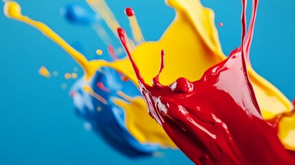 Bright and vibrant primary color paints splashing together on a cool blue background creates artistic texture.